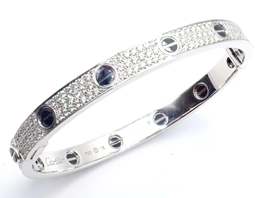 Authentic! Cartier Love 18k White Gold Diamond Pave Ceramic Bracelet Sz 18 Paper - 8
