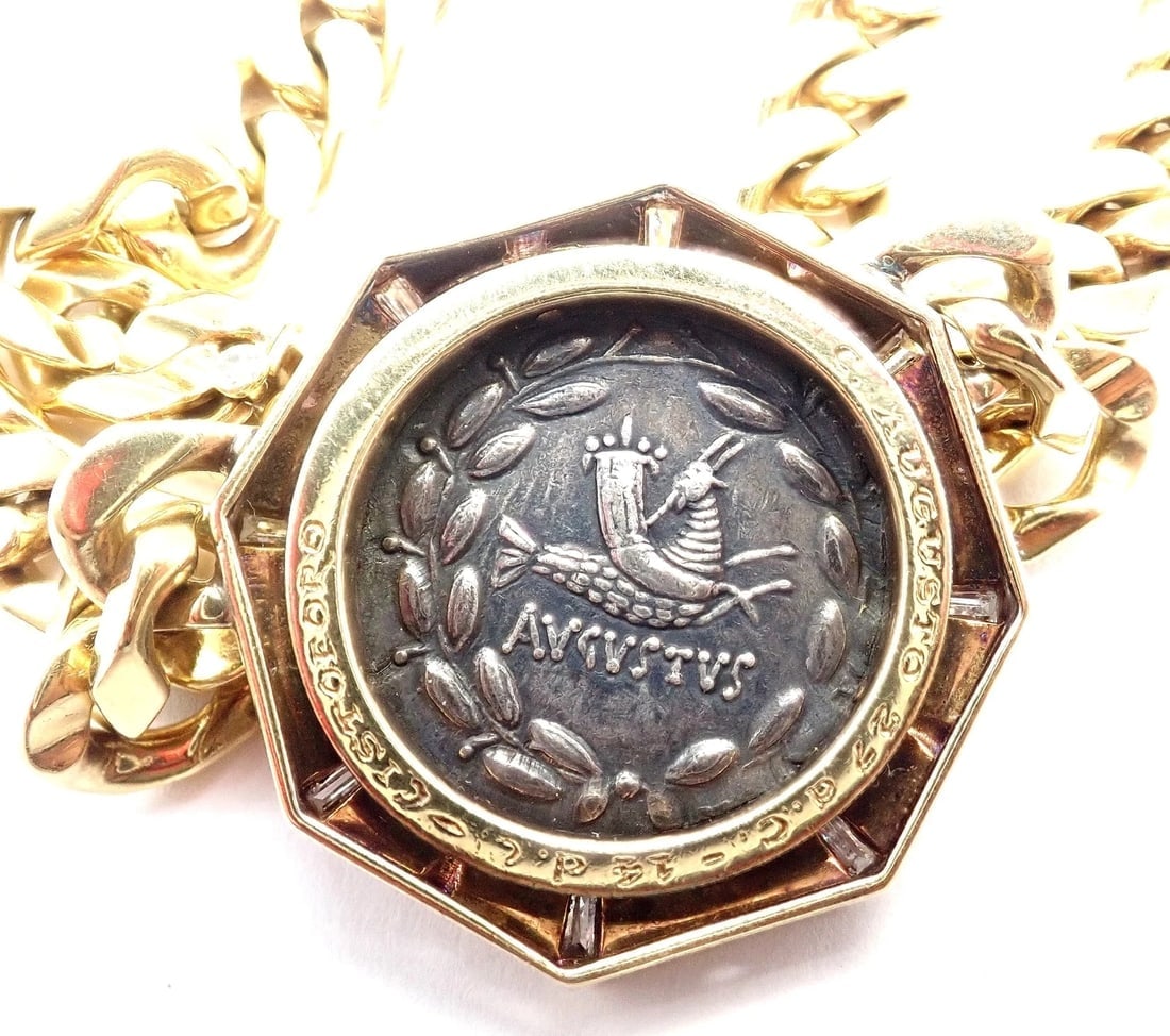 Rare! Bvlgari Bulgari 18k Yellow Gold Diamond Monete Antique Coin Link Necklace - 8