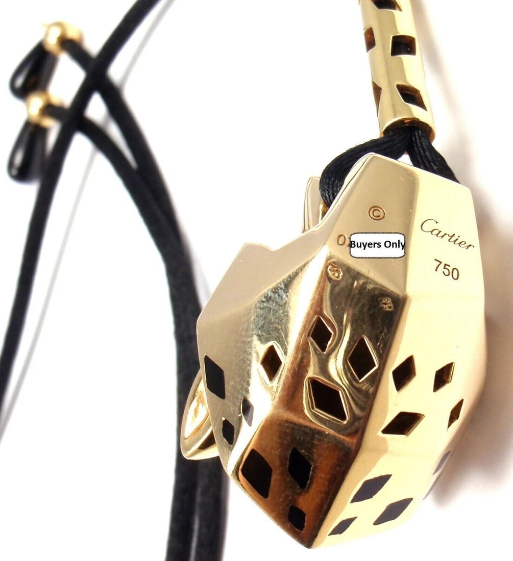 Authentic Cartier Panther Panthere 18k Yellow Gold Emerald Lacquer Cord Necklace - 12