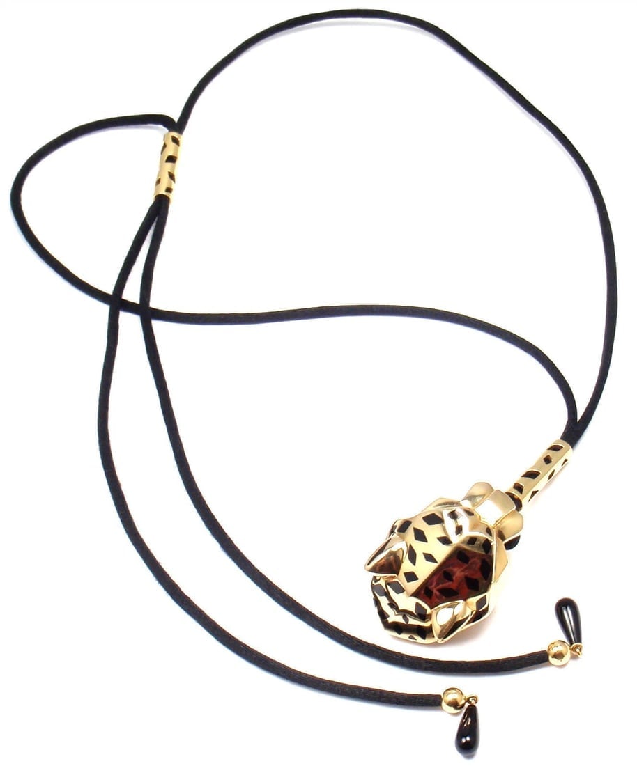 Authentic Cartier Panther Panthere 18k Yellow Gold Emerald Lacquer Cord Necklace - 4
