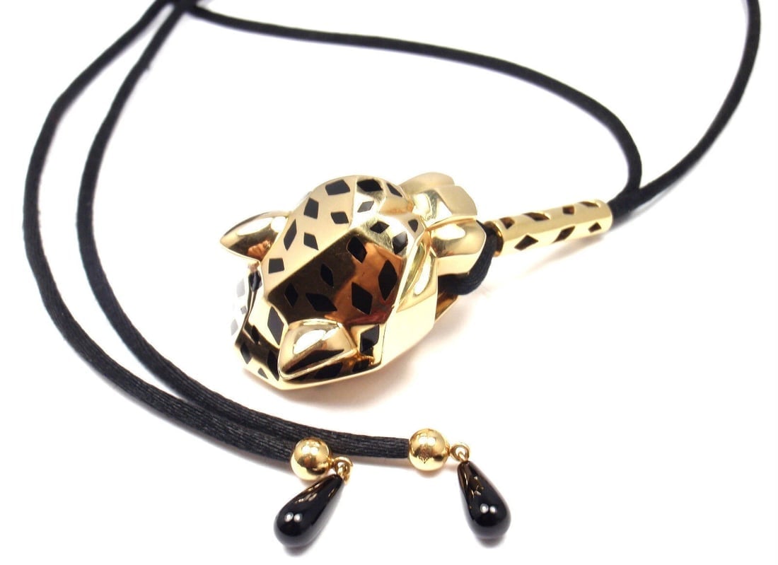 Authentic Cartier Panther Panthere 18k Yellow Gold Emerald Lacquer Cord Necklace - 5