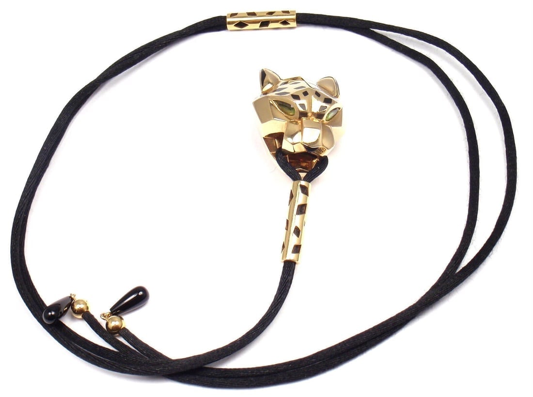 Authentic Cartier Panther Panthere 18k Yellow Gold Emerald Lacquer Cord Necklace - 8