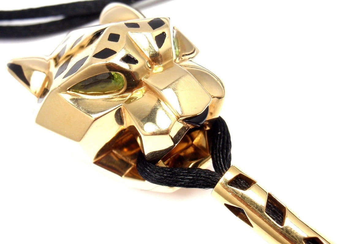 Authentic Cartier Panther Panthere 18k Yellow Gold Emerald Lacquer Cord Necklace - 9