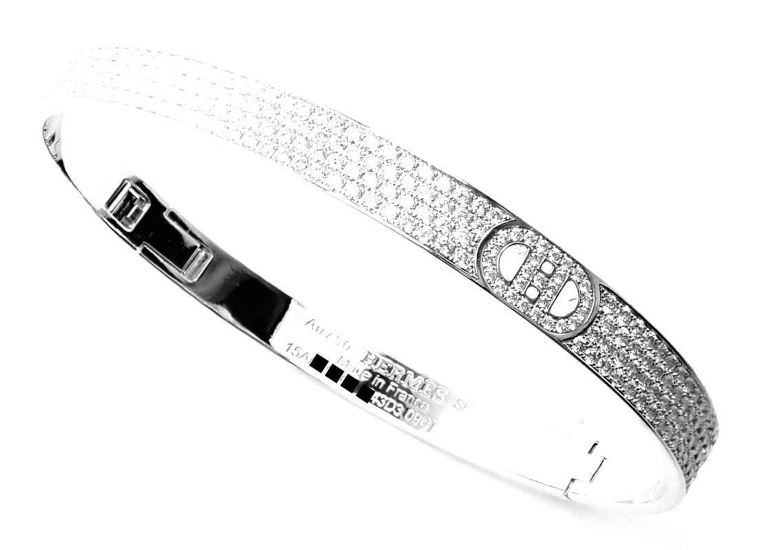 Authentic! Hermes H D'Ancre 18k White Gold Diamond Small Model Bangle Bracelet - 10