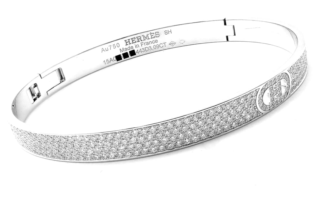 Authentic! Hermes H D'Ancre 18k White Gold Diamond Small Model Bangle Bracelet - 6