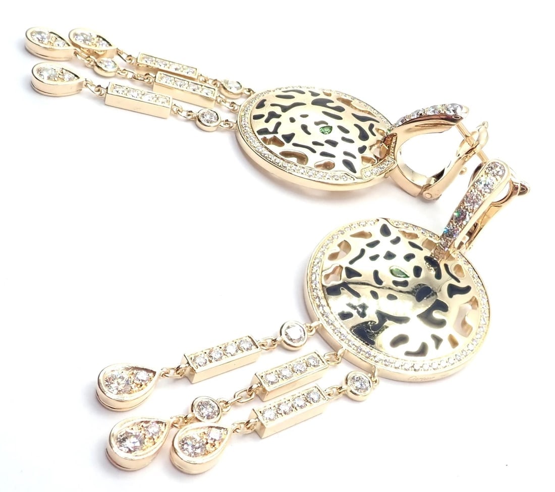 Authentic! Cartier Panther 18k Yellow Gold Diamond Lacquer Tsavorite Earrings - 10