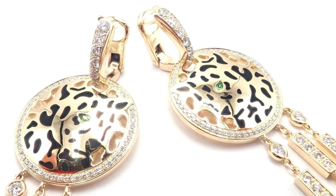 Authentic! Cartier Panther 18k Yellow Gold Diamond Lacquer Tsavorite Earrings - 8