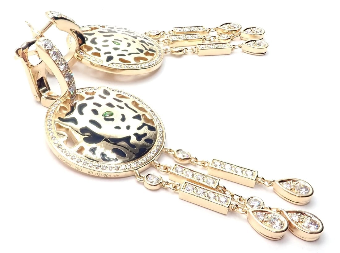 Authentic! Cartier Panther 18k Yellow Gold Diamond Lacquer Tsavorite Earrings - 9