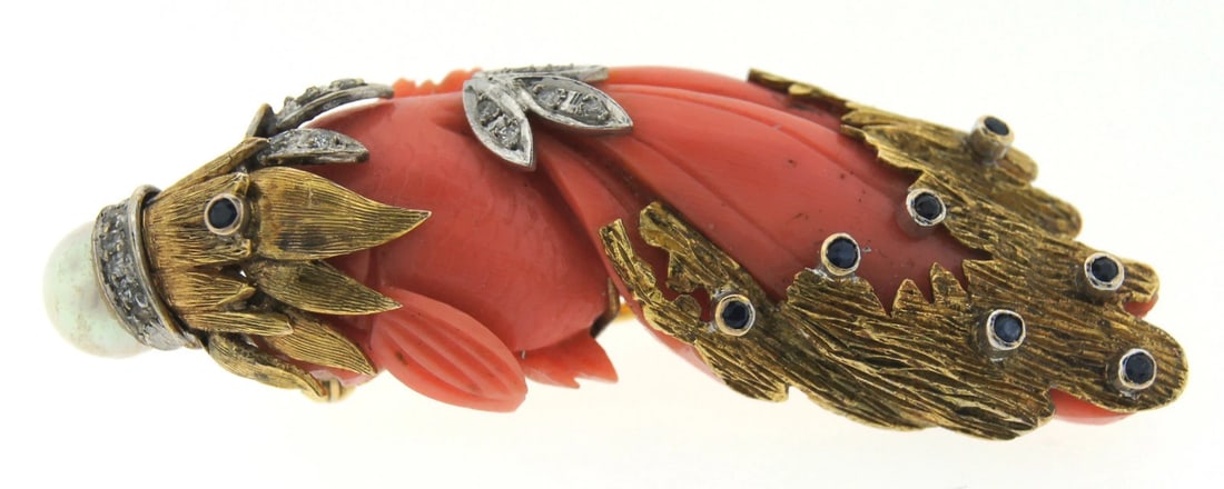 CHIC Retro 14k Gold, Diamond, Sapphire, Coral & Pearl Pin Circa 1960!: Title: CHIC Retro 14k Gold, Diamond, Sapphire, Coral & Pearl Pin Circa 1960! Description: Fine Jewelry, Arts & AntiquesPurveyors and Purchasers ofAntique and Estate Pieces, CA90212 DK14k Gold,
