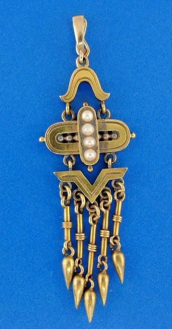 VICTORIAN 14k Yellow Gold & Pearl Pendant Circa 1900s: Title: VICTORIAN 14k Yellow Gold & Pearl Pendant Circa 1900s Description: DK14k Yellow Gold & Pearl Pendant · This is a must for any collector. · The weight is 4.8 grams. The length with