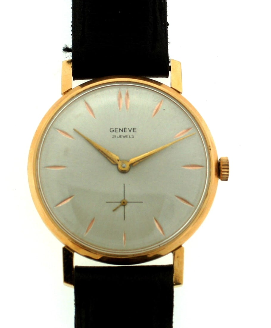 GENEVE 21 JEWELS 18K 750 GOLD STAMPED LEATHER STRAP WATCH C1960 VINTAGE: Title: GENEVE 21 JEWELS 18K 750 GOLD STAMPED LEATHER STRAP WATCH C1960 VINTAGE Description: Fine Jewelry, Arts & Antiques Purveyors and Purchasers of Antique and Estate PiecesN-IOO VINTAGE