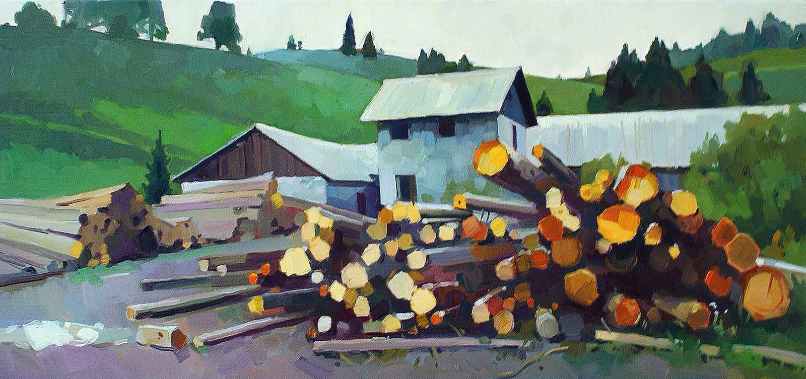 Oil painting Sawmill Anastasia Yaroshevich: Title: Oil painting Sawmill Anastasia Yaroshevich Description: 45YARO Painter: Anastasia Yaroshevich Size: 30x65 cm/11.81x25.59 inches Components: oil, canvas Original painting CONDITION: excellent AR