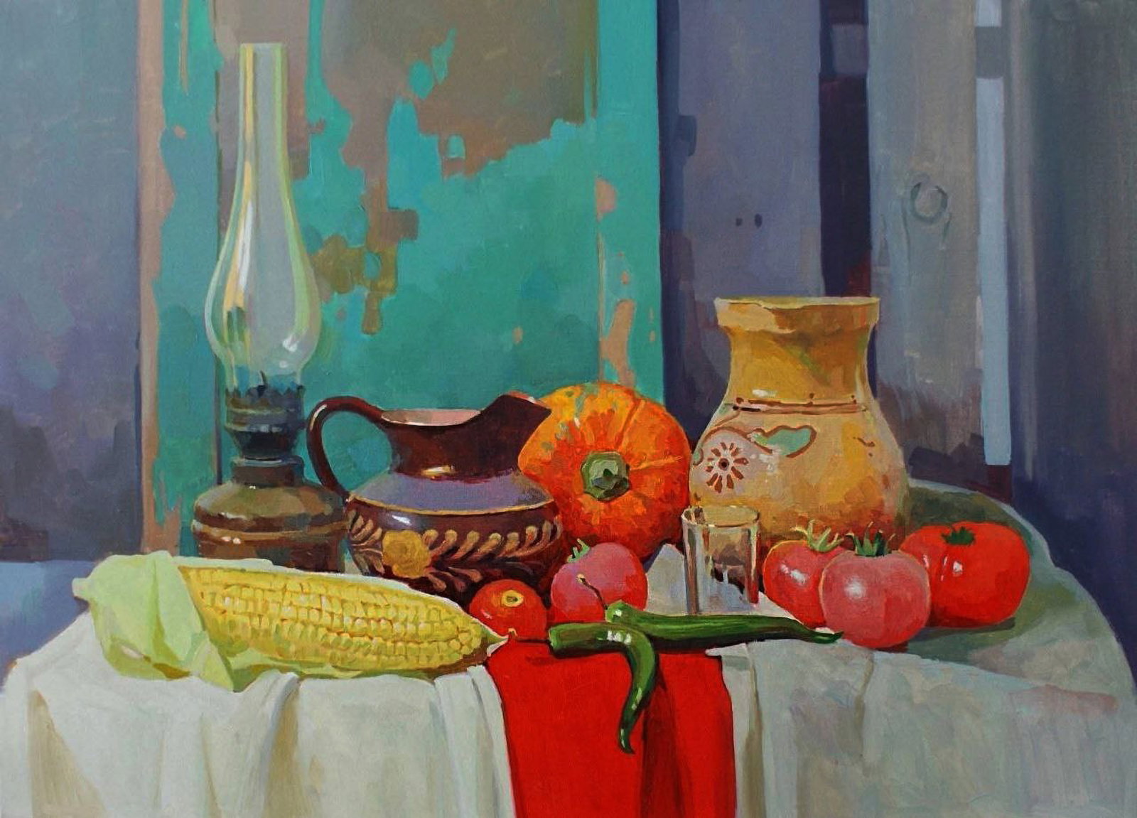 Oil painting Products on the table Anastasia Yaroshevich: Title: Oil painting Products on the table Anastasia Yaroshevich Description: 72YARO Painter: Anastasia Yaroshevich Size: 50x70 cm/19.68x27.55 inches Components: oil, canvas Original painting CONDITION