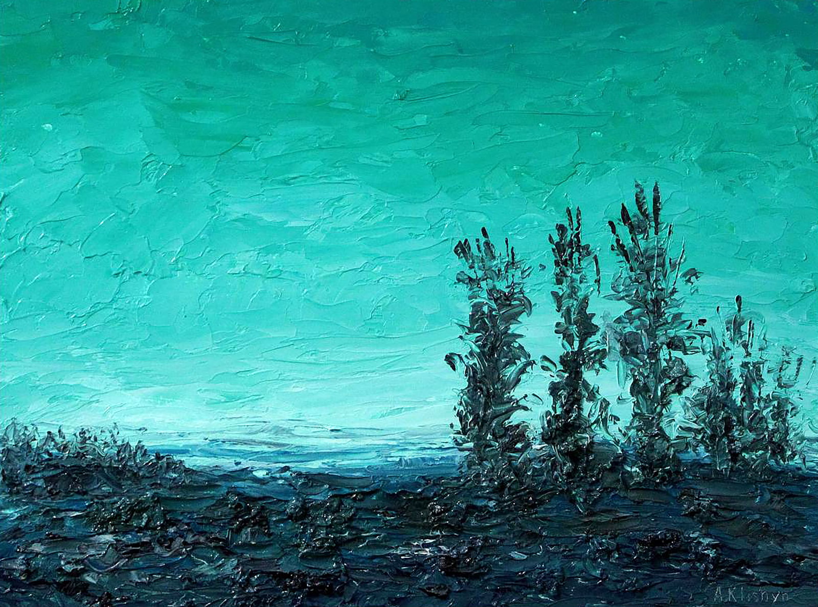 Oil painting Turquoise Dawn Andriy Klishyn: Title: Oil painting Turquoise Dawn Andriy Klishyn Description: 19KLISH Painter: Andriy Klishyn Size: 32x41 cm/12.59x16.14 inches Components: oil, dvp Original painting CONDITION: excellent ARTIST: Bor