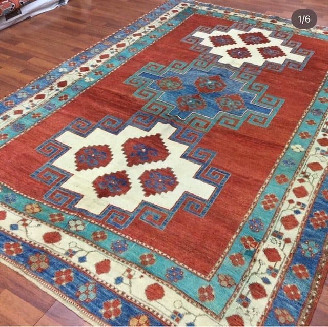 Antique Large size Kazak caucasian Rug-3424: Title:Antique Large size Kazak caucasian Rug-3424 Description:This Antique Kazak Caucasian Rug, measuring 6 ft x 8 ft 8 inches, features a geometric pattern in red with a normal pile type made of 100%