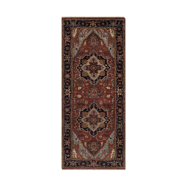 Brick Red Antiqued Fine Heriz Re-Creation Hand Knotted Wool Runner Rug: Title: Brick Red Antiqued Fine Heriz Re-Creation Hand Knotted Wool Runner RugDescription:This is a truly genuine one-of-a-kind. It has been Knotted for months and months in the centuries-old weaving