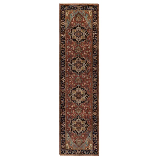 Brick Red Antiqued Fine Heriz Re-Creation Hand Knotted Wool Runner Rug: Title: Brick Red Antiqued Fine Heriz Re-Creation Hand Knotted Wool Runner RugDescription:This is a truly genuine one-of-a-kind. It has been Knotted for months and months in the centuries-old weaving