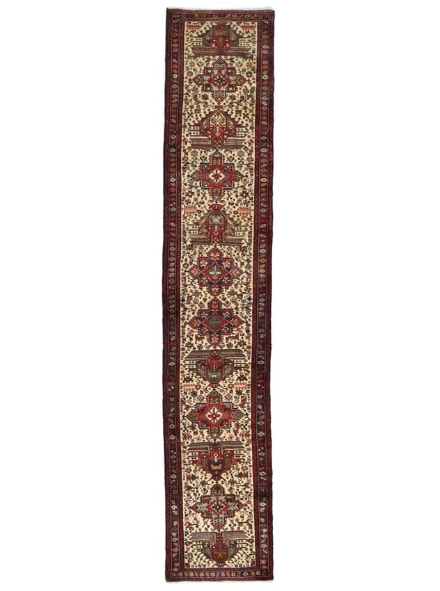 Vintage Cream Geometric 2'5X13 Karajeh Persian Runner Rug: Title: Vintage Cream Geometric 2'5X13 Karajeh Persian Runner RugDescription:Handmade vintage 2'5X13 cream Persian runner made with vegetable dyes (fine wool pile and cotton foundation), superior knot