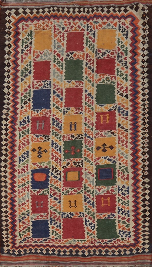 Antique Vegetable Dye Kilim Qashqai Persian Area Rug 5x9: Title: Antique Vegetable Dye Kilim Qashqai Persian Area Rug 5x9Description:A Beautiful Genuine Iran ( Persia ) Kilim (Qashqai) rug is Hand Woven by skillful weavers in Iran ( Persia ) with 100% Wool