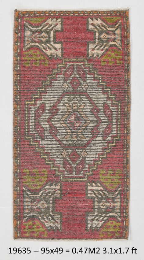 1'7'' x 3'1'' Decorative Vintage Rug - 19635: Title: 1'7'' x 3'1'' Decorative Vintage Rug - 19635Description:1'7'' x 3'1'' Decorative Vintage Rug - 19635Origin:TurkiyeDate/Period:1960-90Materials:Wool,CottonDimension:1'7''x3'1'' ft, 49x95 cm 