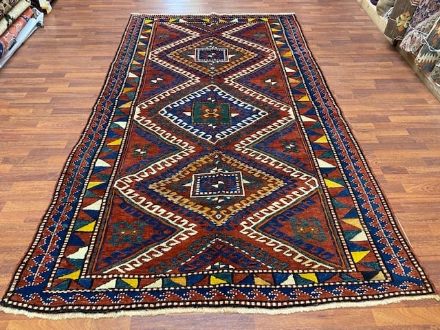 Antique Kazak caucasian Rug-1147: Title:Antique Kazak caucasian Rug-1147 Description:Powerful antique Bordjalo kazak from southwest Caucasian, size 5 ft. 7 inches by 9 ft. 7 inches, circa 1910, excellent condition with a good pile thr