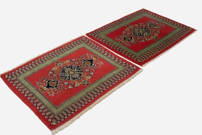 Pair of Small Vintage Coral Red Floral 2X3 Kashan Persian Rug - 13