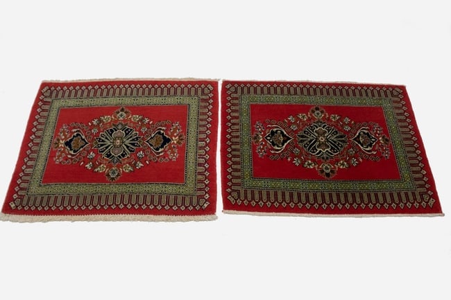 Pair of Small Vintage Coral Red Floral 2X3 Kashan Persian Rug - 14