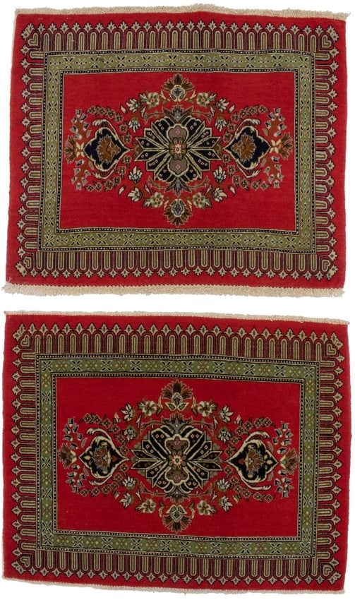Pair of Small Vintage Coral Red Floral 2X3 Kashan Persian Rug: Title: Pair of Small Vintage Coral Red Floral 2X3 Kashan Persian Rug Description:Handmade vintage Persian rug made with vegetable dyes (fine wool pile and cotton foundation), superior knot count, and