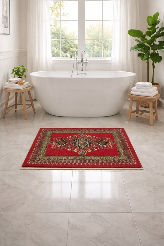 Pair of Small Vintage Coral Red Floral 2X3 Kashan Persian Rug - 2