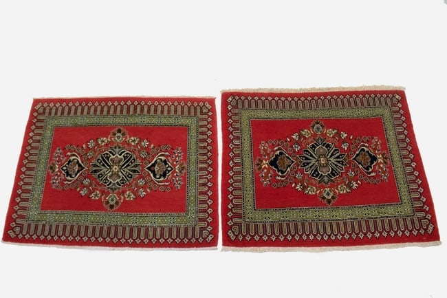 Pair of Small Vintage Coral Red Floral 2X3 Kashan Persian Rug - 3