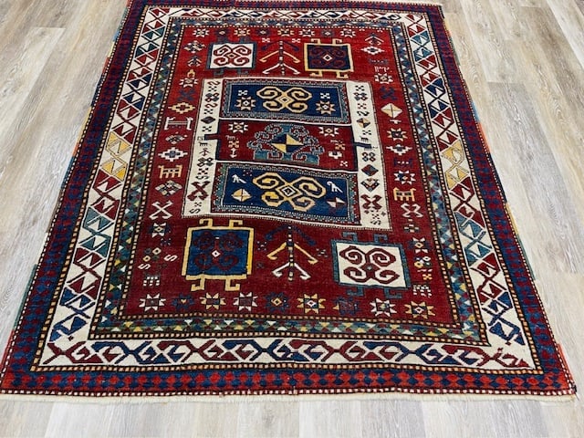 Dated Antique Kazak Caucasian Rug-5143: Title:Dated Antique Kazak Caucasian Rug-5143Description:Gorgeous dated antique kazak Caucasian rug from northwest Persia, size 4 ft. 11 inches by 6 ft. 2 inches, circa dated 1320( year of the Hejira)