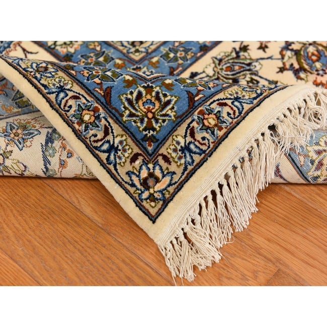 Ivory Vintage Persian Esfahan 400 KPSI Hand Knotted Wool and Silk Rug - 4