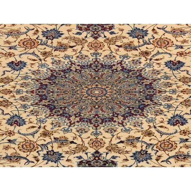 Ivory Vintage Persian Esfahan 400 KPSI Hand Knotted Wool and Silk Rug - 6