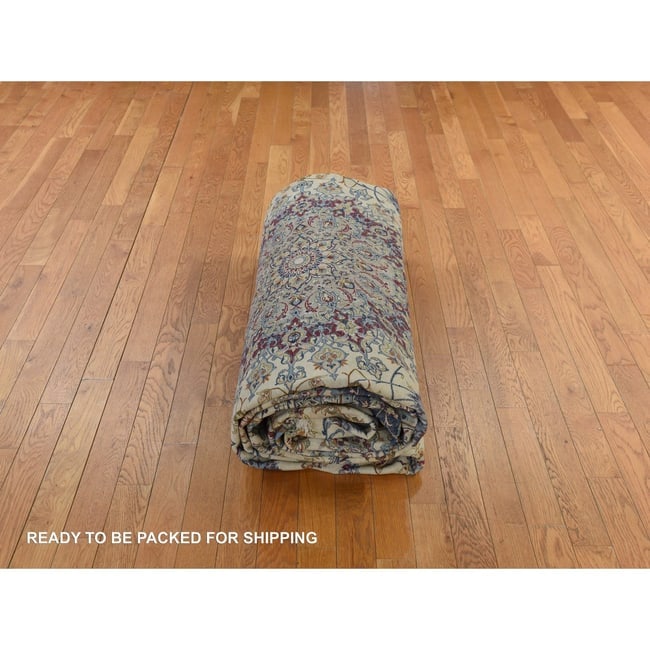 Ivory Vintage Persian Esfahan 400 KPSI Hand Knotted Wool and Silk Rug - 8