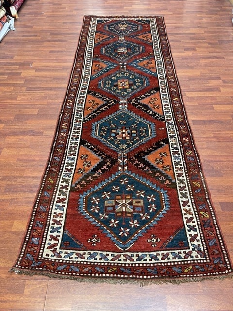 Antique Kazak caucasian Runner-1514: Title:Antique Kazak caucasian Runner-1514Description:Beautiful antique Kzak Caucasian from southwest Caucacus , size 3 ft. 8 inches by 11 ft, circa late 19th century, excellent