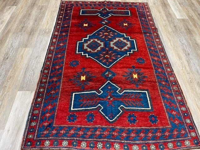 Antique Kazak Caucasian Rug-2600: Title:Antique Kazak Caucasian Rug-2600Description:Powerful antique Kazak caucasian rug from Southwest Caucasian, size 4 ft. 4 inches by 7 ft, circa 1900 in excellent condition. Complete rug with all