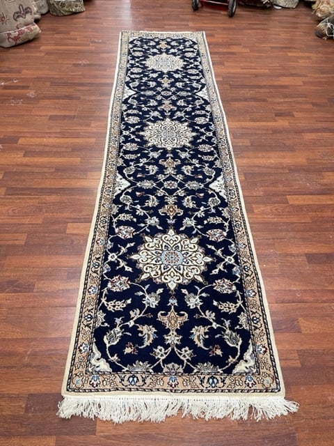 Vintage Persian Nain Runner-5071: Title:Vintage Persian Nain Runner-5071Description:Beautiful blue fiels floral desin Vintage Persian nain runner from central persia, size 2 ft. 7 inches by10 ft. 3 inches, circa 1990, excellent
