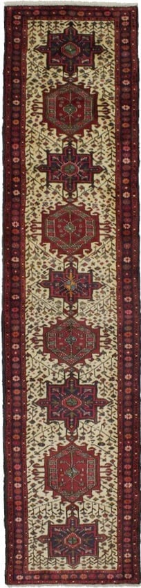 Vintage Ivory Geometric 3X12 Karajeh Persian Runner Rug: Title: Vintage Ivory Geometric 3X12 Karajeh Persian Runner RugDescription:Handmade vintage Persian runner made with vegetable dyes (fine wool pile and cotton foundation), superior knot count, and