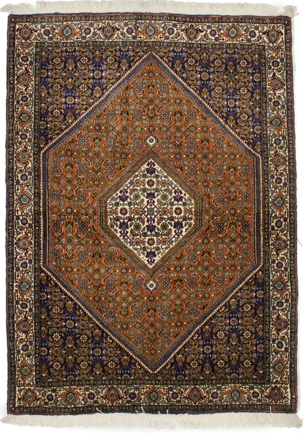 Vintage Floral Orange 4X5 Bidjar Persian Rug: Title: Vintage Floral Orange 4X5 Bidjar Persian RugDescription:Handmade vintage 4X5 orange Persian rug made with natural dyes (fine wool pile and cotton foundation), superior knot count, and