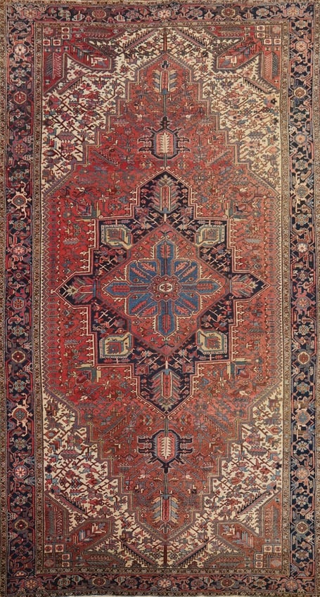 Antique Geometric Heriz Persian Large Rug 10x19: Title: Antique Geometric Heriz Persian Large Rug 10x19 Description:A Beautiful Genuine Iran ( Persia ) Heriz rug is Hand Knotted by skillful weavers in Iran ( Persia ) with 100% Wool Material. This ru