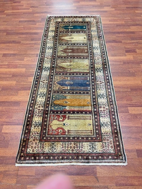 Antique Turkish Saf Silk Kaysari Rug-4946: Title:Antique Turkish Saf Silk Kaysari Rug-4946 Description:Very unusual antique Turkish Saf prayer rug with seven prayer section,size 2 ft. 10 inches by 7 ft. 2 inches, circa 1930, excellent conditio