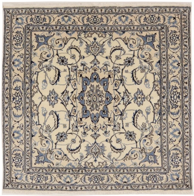 Vintage Cream Classic 6X6 Nain Tabas Persian Rug: Title: Vintage Cream Classic 6X6 Nain Tabas Persian RugDescription:Hand Knotted semi antique 6X6 cream classic Persian rug made with natural dyes (fine wool pile and cotton foundation), superior knot