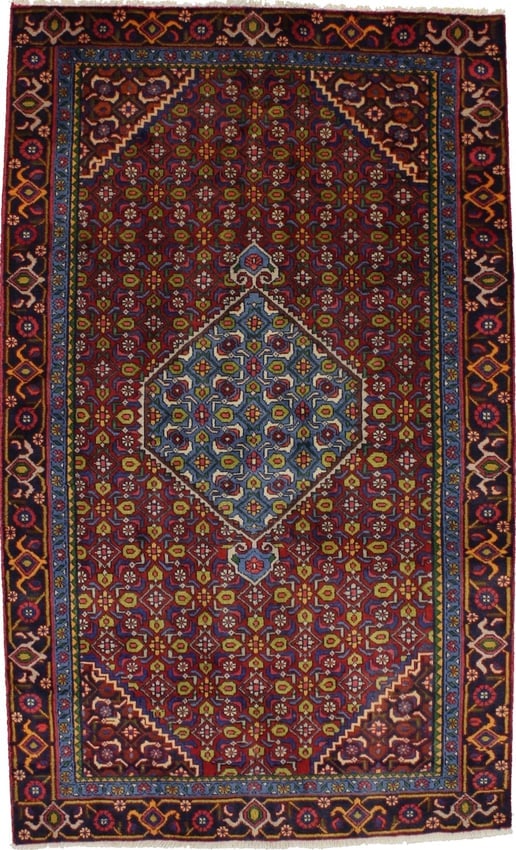 Vintage Red Geometric 4X7 Ardebil Bidjar Persian Rug: Title: Vintage Red Geometric 4X7 Ardebil Bidjar Persian RugDescription:Handmade vintage Persian rug made with vegetable dyes (fine wool pile and cotton foundation), superior knot count, and appealing