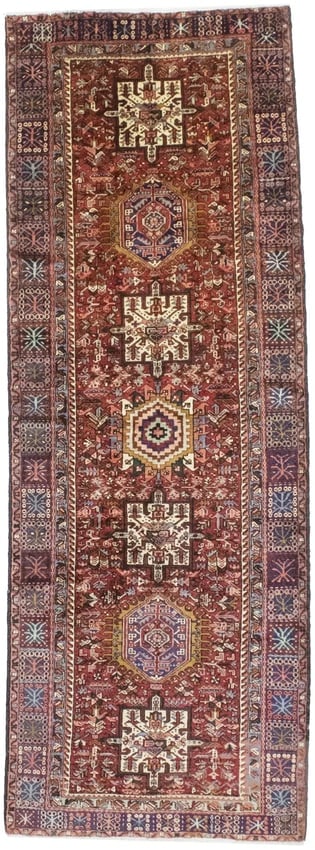 Vintage Red Geometric 5X13 Karajeh Persian Runner Rug: Title: Vintage Red Geometric 5X13 Karajeh Persian Runner RugDescription:Hand Knotted semi antique Persian runner made with natural dyes (fine wool pile and cotton foundation), superior knot count,