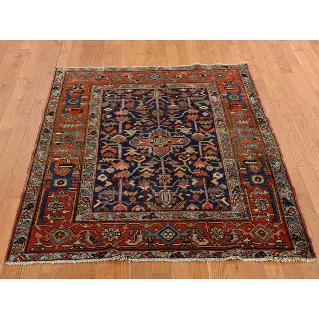 Blue Antique Zoroastrian Heris Wide Serapi Borders Oriental Rug - 2