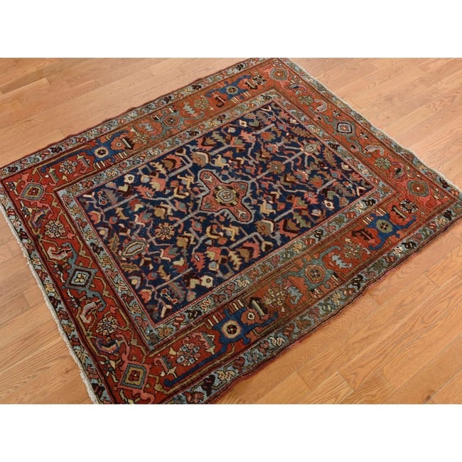 Blue Antique Zoroastrian Heris Wide Serapi Borders Oriental Rug - 4