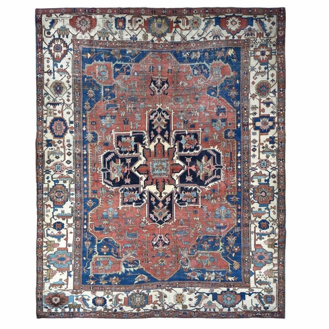 Red, Antique Persian Serapi Heriz, Wool, Hand Knotted, Oversized Rug: Title: Red, Antique Persian Serapi Heriz, Wool, Hand Knotted, Oversized Rug Description:This is a truly genuine one-of-a-kind. It has been Knotted for months and months in the centuries-old weaving cr