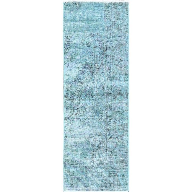 Teal Overdyed Vintage Persian Tabriz Hand Knotted Pure Wool Runner Rug: Title: Teal Overdyed Vintage Persian Tabriz Hand Knotted Pure Wool Runner RugDescription:This is a truly genuine one-of-a-kind. It has been Knotted for months and months in the centuries-old weaving