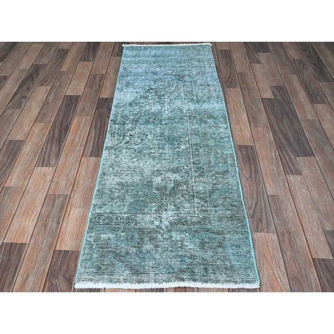 Teal Overdyed Vintage Persian Tabriz Hand Knotted Pure Wool Runner Rug - 2