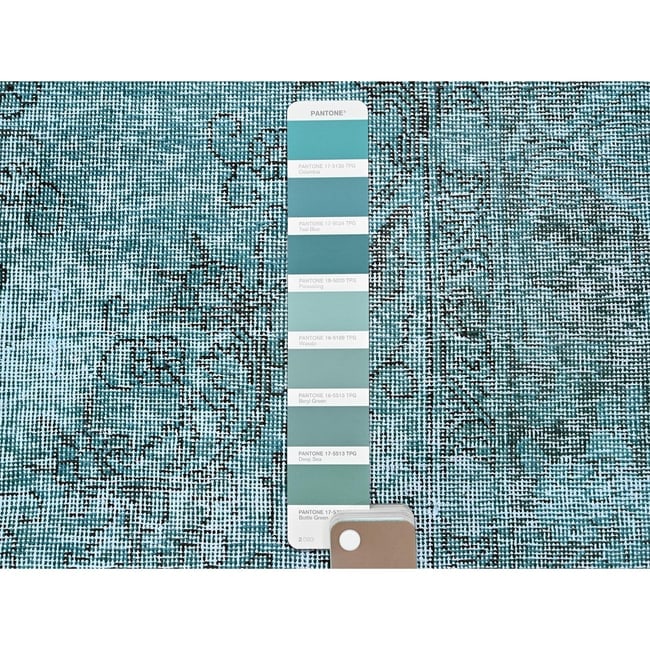 Teal Overdyed Vintage Persian Tabriz Hand Knotted Pure Wool Runner Rug - 4